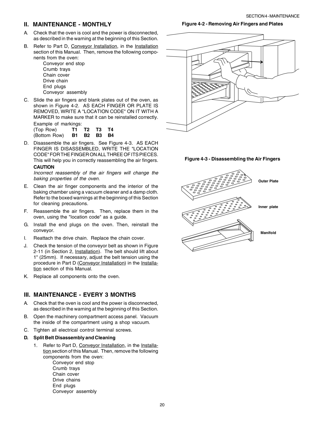 Middleby Marshall PS53GS Gas II. Maintenance Monthly, III. Maintenance Every 3 Months, Split Belt Disassembly and Cleaning 