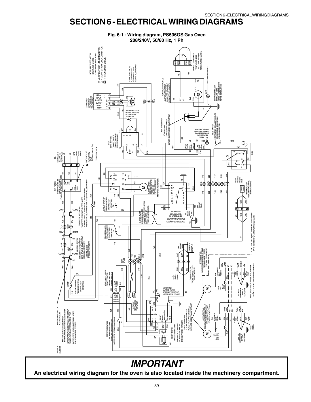 Middleby Marshall PS53GS Gas manual Electrical Wiring Diagrams, Wiring diagram, PS536GS Gas Oven 208/240V, 50/60 Hz, 1 Ph 