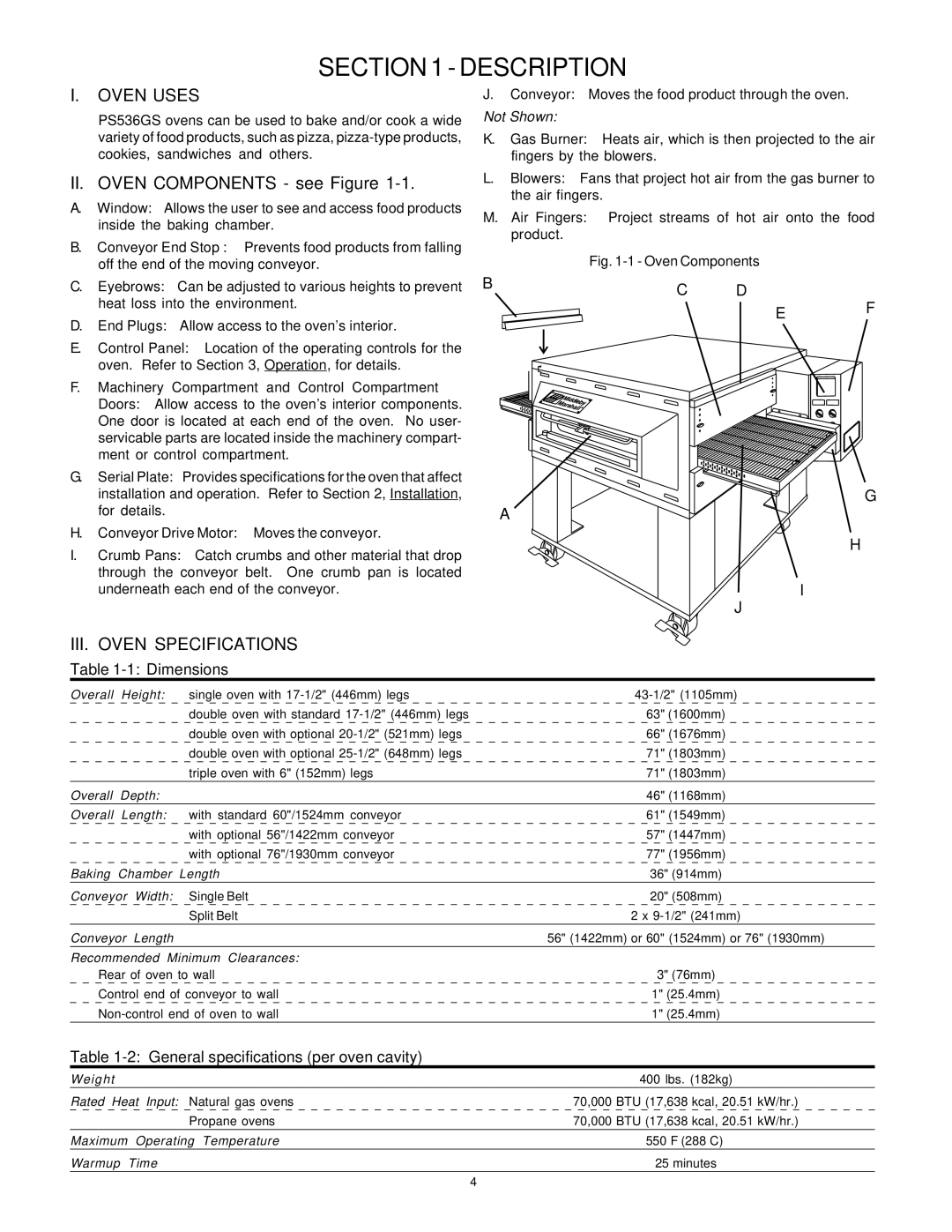 Middleby Marshall PS53GS Gas Description, Oven Uses, III. Oven Specifications, Conveyor Drive Motor Moves the conveyor 