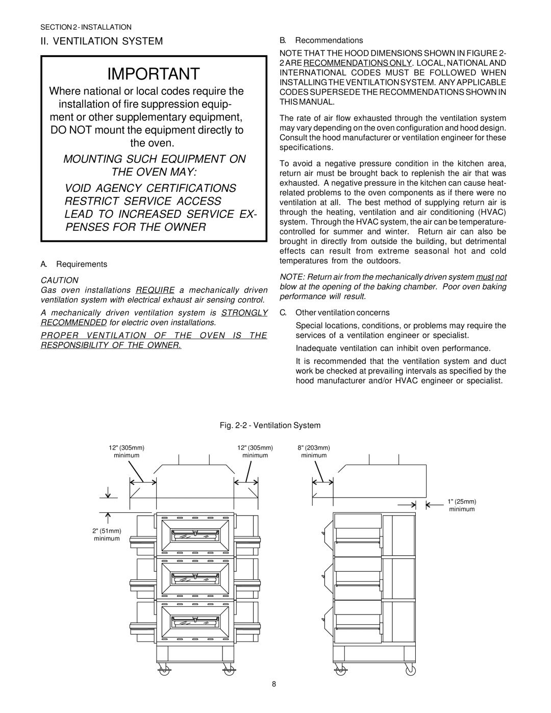 Middleby Marshall PS53GS Gas manual II. Ventilation System, Requirements, Recommendations, Other ventilation concerns 