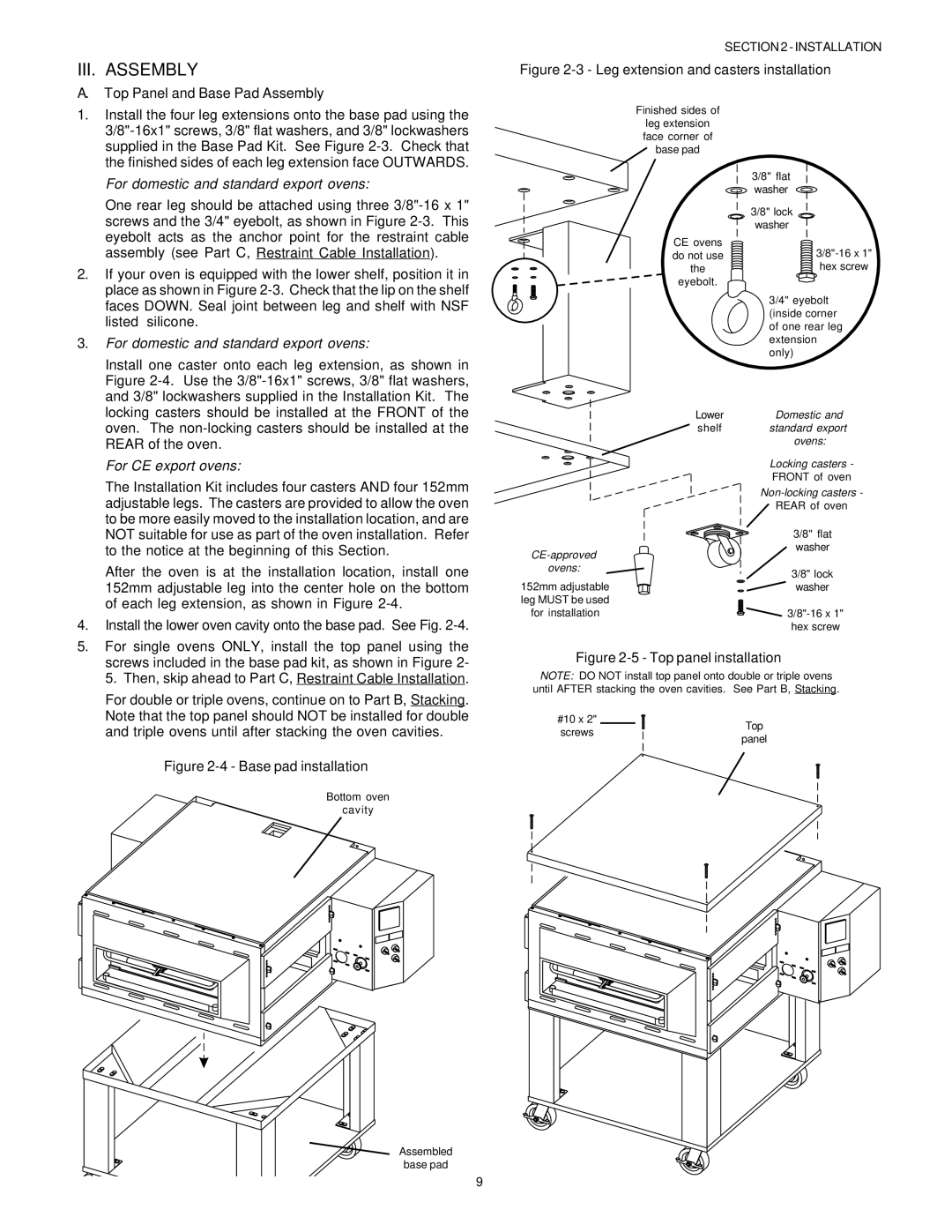 Middleby Marshall PS53GS Gas manual III. Assembly, Top Panel and Base Pad Assembly, For domestic and standard export ovens 