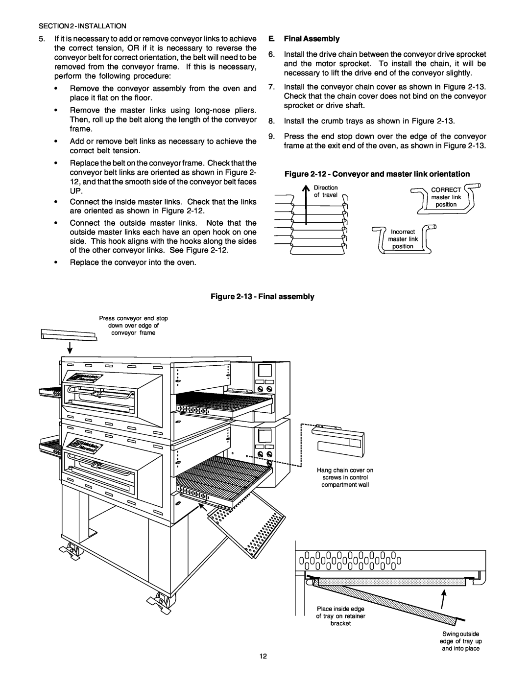 Middleby Marshall PS53GS Gas manual E. Final Assembly, 12 - Conveyor and master link orientation, 13 - Final assembly 