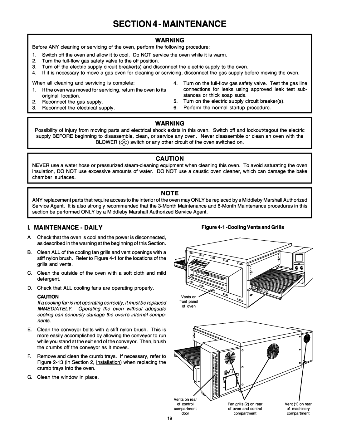 Middleby Marshall PS53GS Gas manual I. Maintenance - Daily, 1 -Cooling Vents and Grills 