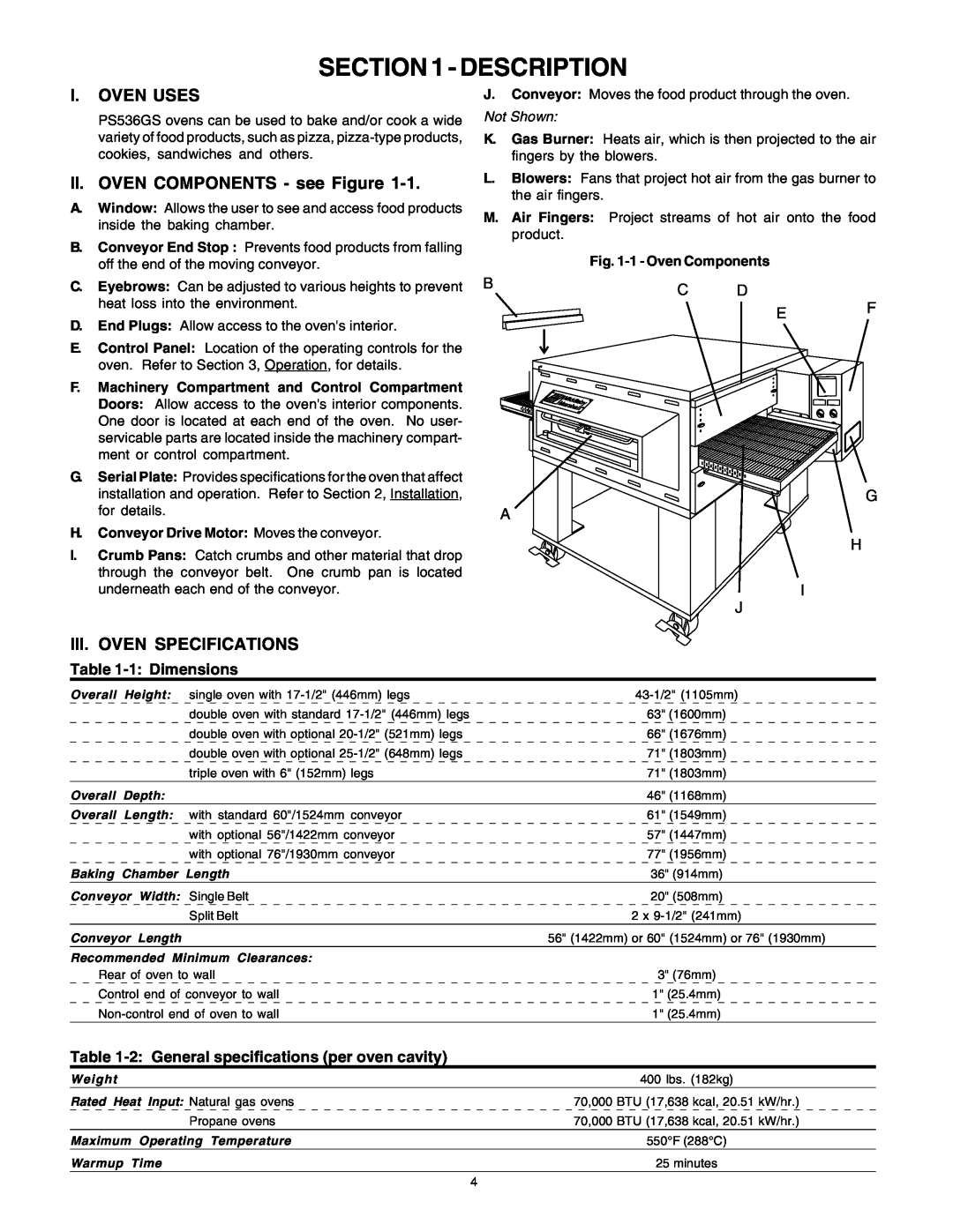 Middleby Marshall PS53GS Gas manual Description, I. Oven Uses, II. OVEN COMPONENTS - see Figure, Iii. Oven Specifications 