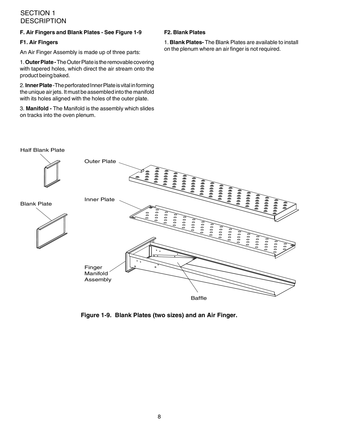 Middleby Marshall PS540 installation manual Air Fingers and Blank Plates See Figure F1. Air Fingers, F2. Blank Plates 