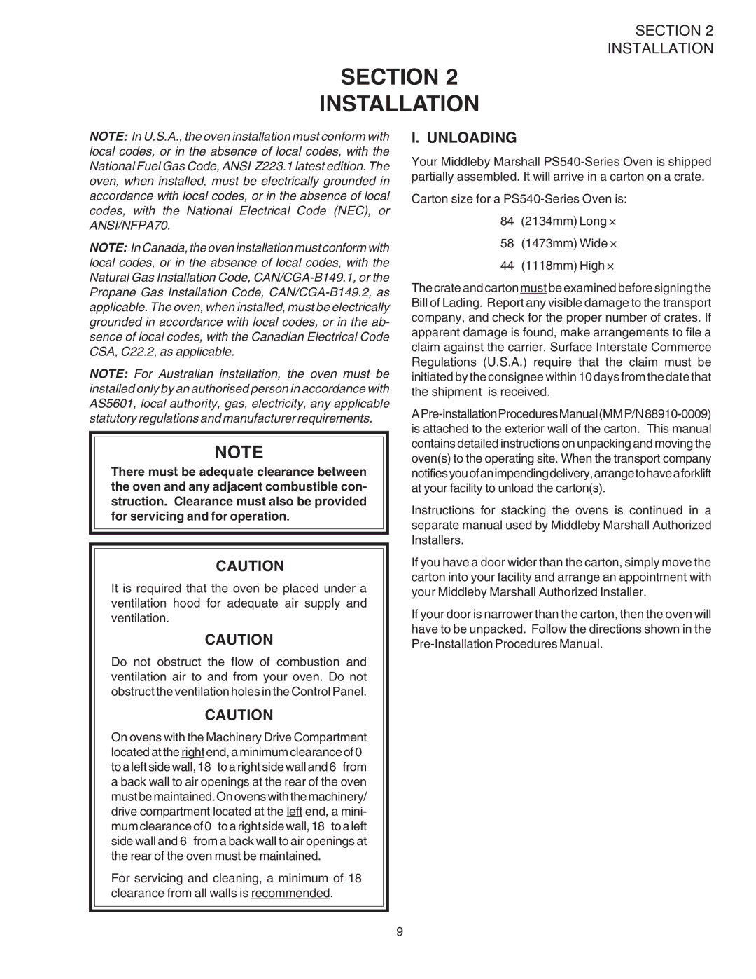 Middleby Marshall PS540 installation manual Section Installation, Unloading 