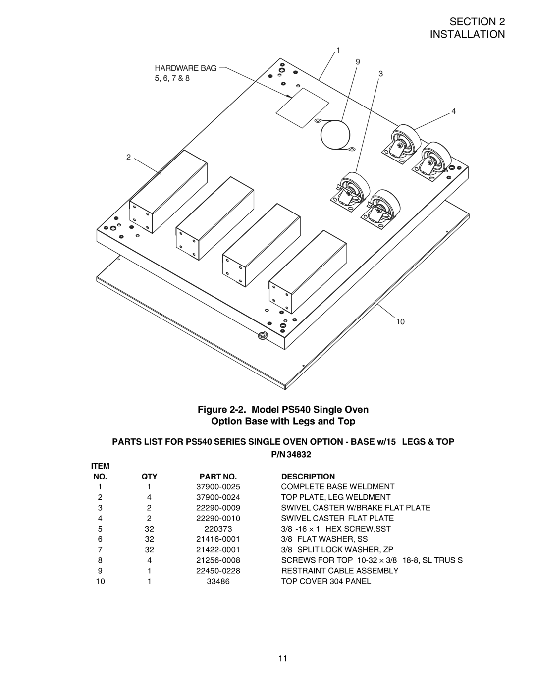 Middleby Marshall installation manual Model PS540 Single Oven Option Base with Legs and Top 