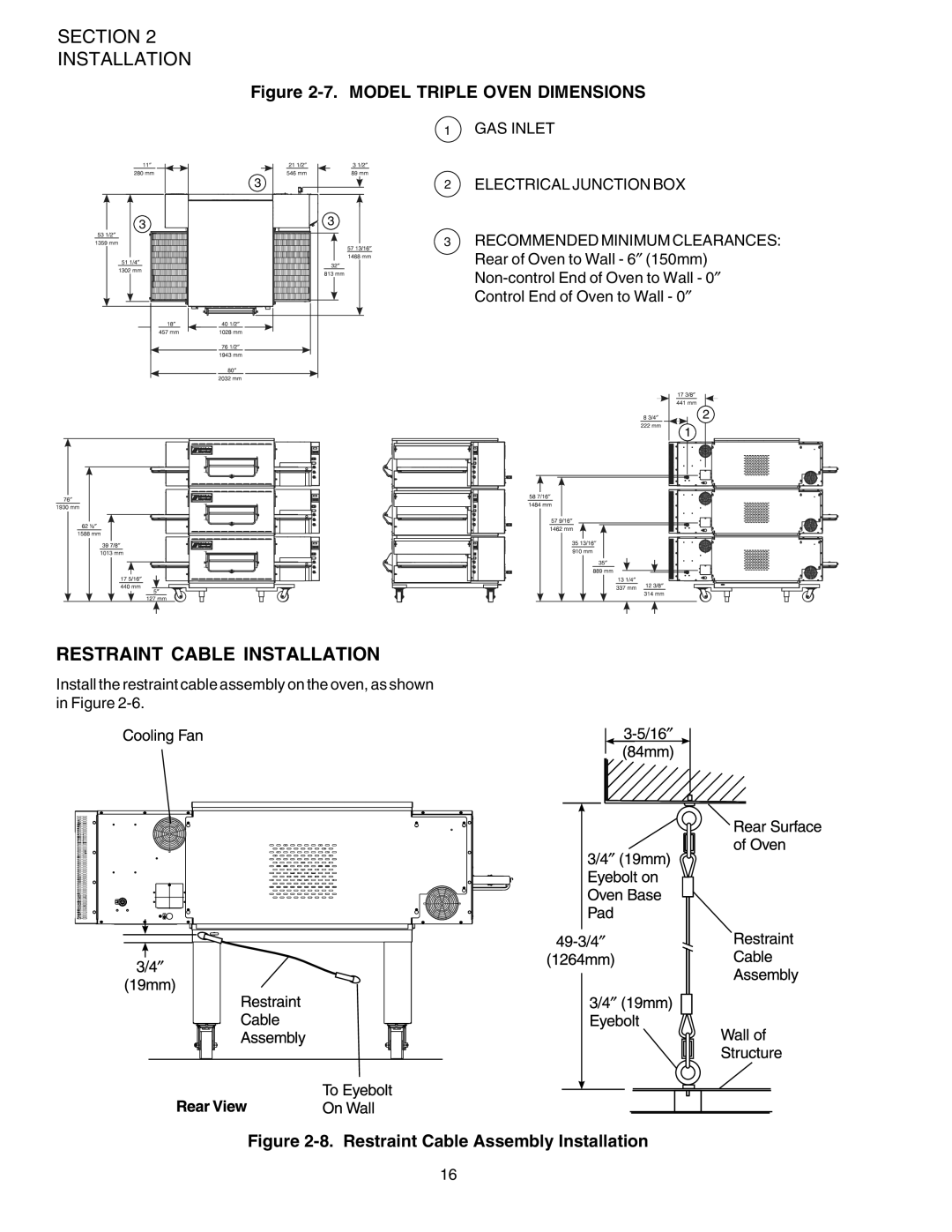 Middleby Marshall PS540 installation manual Restraint Cable Installation, Model Triple Oven Dimensions 