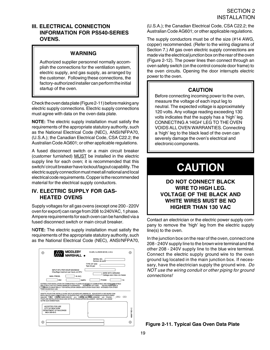 Middleby Marshall PS540 installation manual IV. Electric Supply for GAS- Heated Ovens, Typical Gas Oven Data Plate 