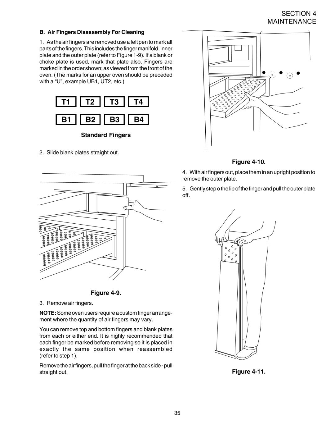 Middleby Marshall PS540 installation manual Standard Fingers, Air Fingers Disassembly For Cleaning 