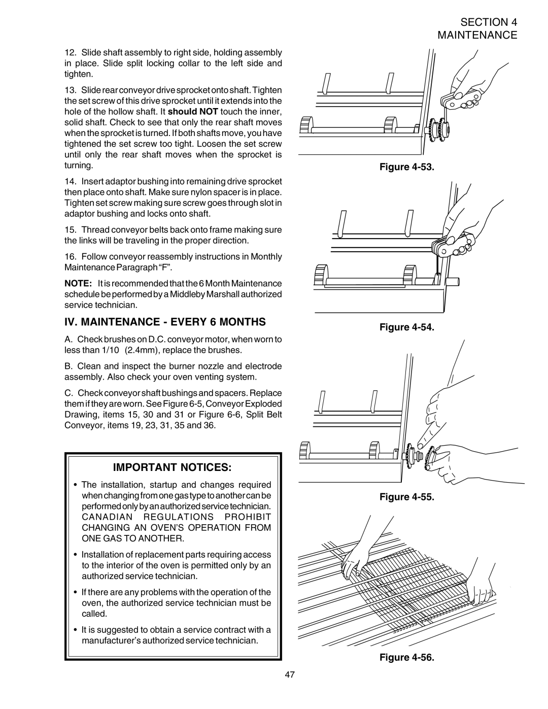 Middleby Marshall PS540 installation manual IV. Maintenance Every 6 Months, Important Notices 