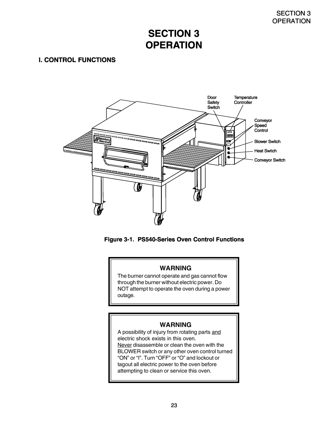 Middleby Marshall PS540 installation manual Section Operation, I. Control Functions 