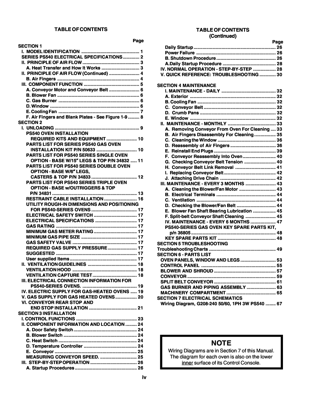Middleby Marshall PS540 installation manual Table Of Contents, Continued 