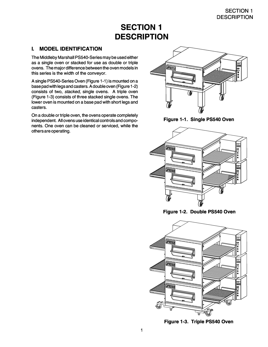 Middleby Marshall PS540 installation manual Section Description, I.Model Identification 