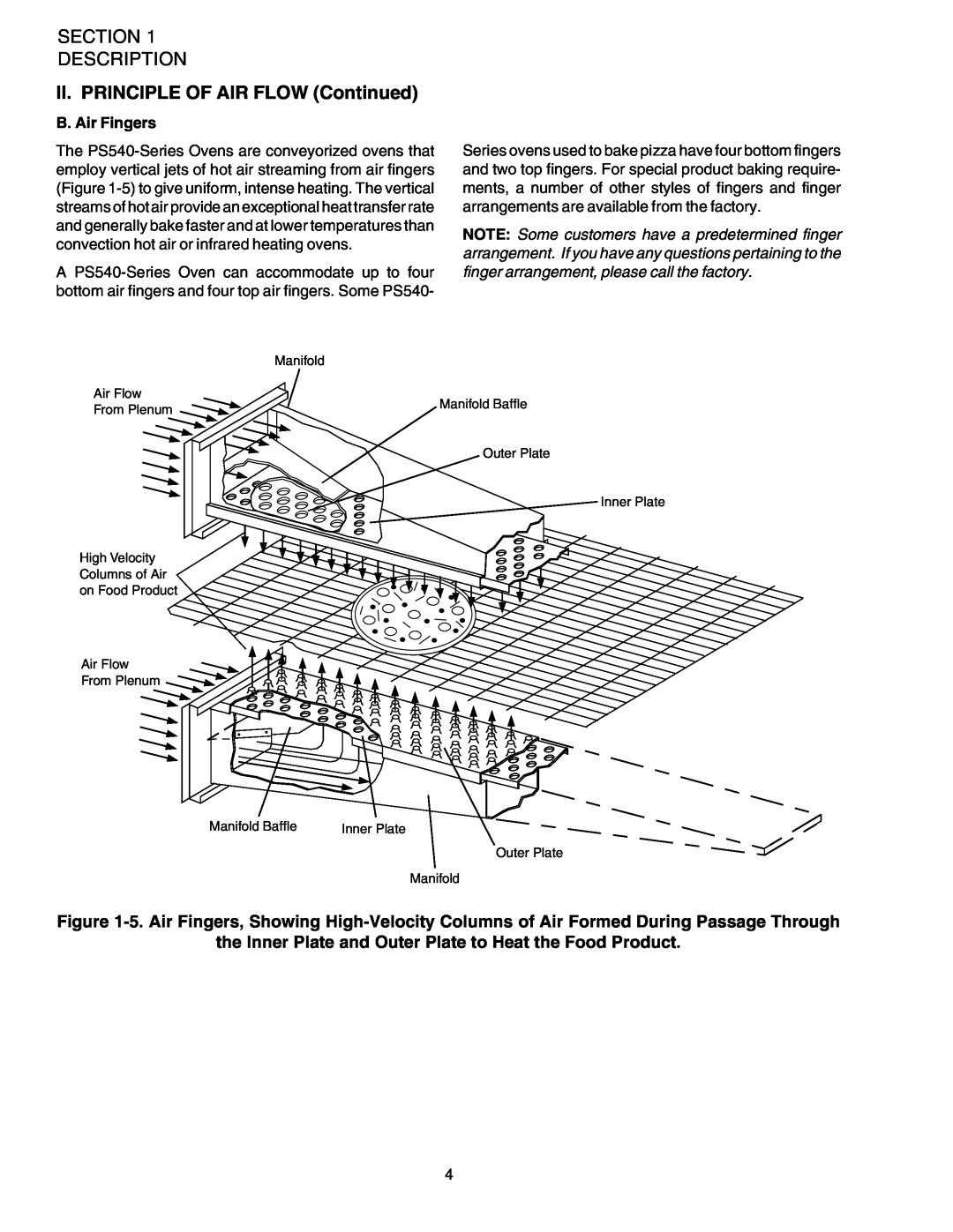 Middleby Marshall PS540 installation manual Section Description, II. PRINCIPLE OF AIR FLOW Continued, B. Air Fingers 