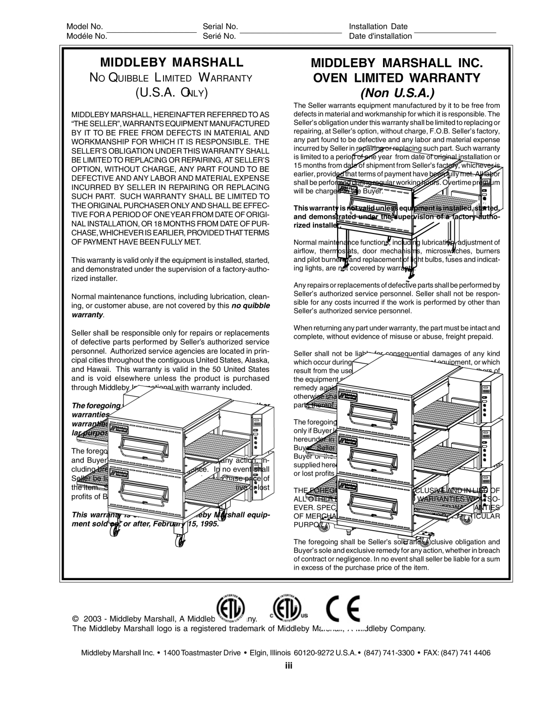 Middleby Marshall PS540E, PS540 (Double), PS540 (Triple) installation manual Middleby Marshall, Iii 