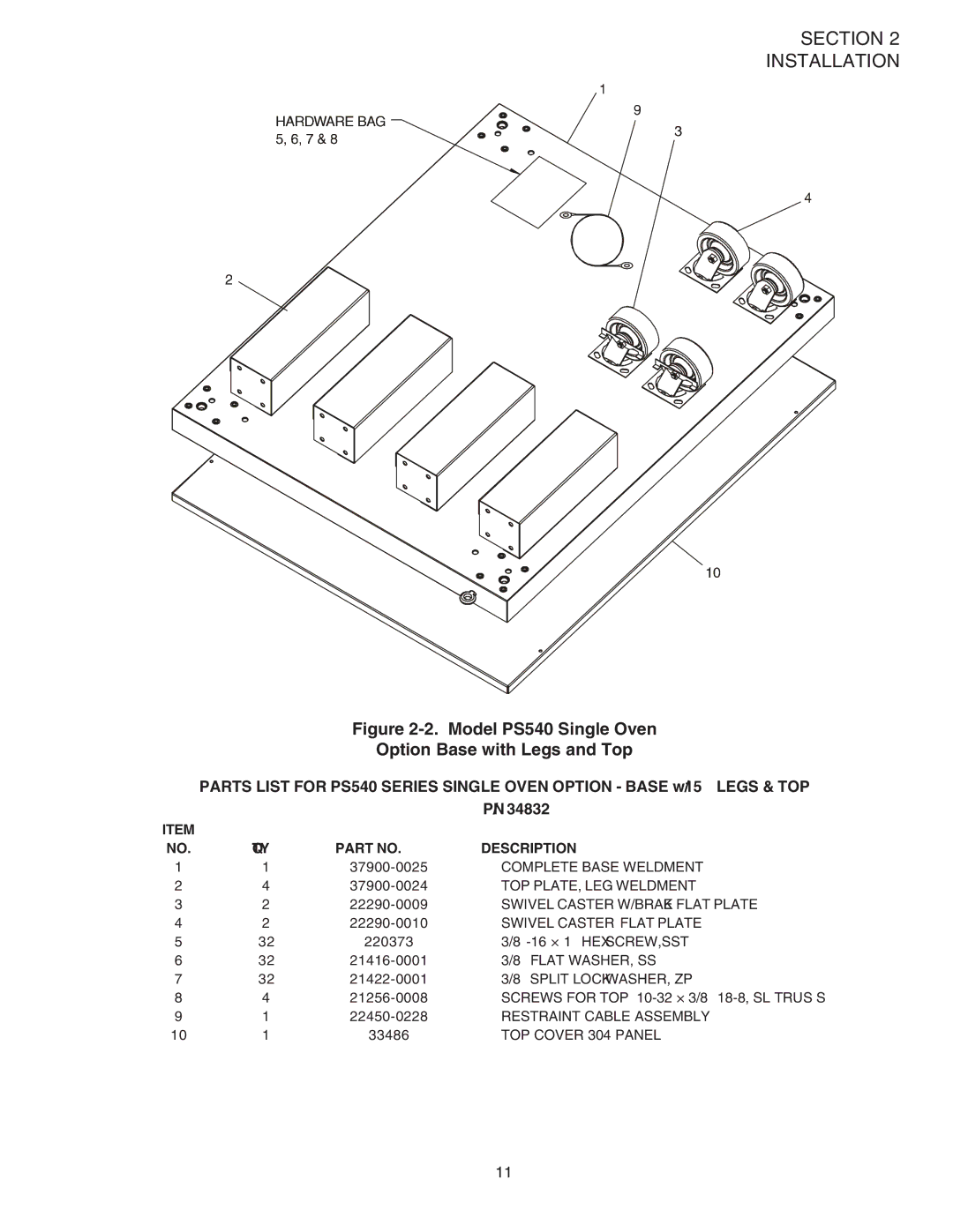 Middleby Marshall PS540G installation manual Model PS540 Single Oven Option Base with Legs and Top 