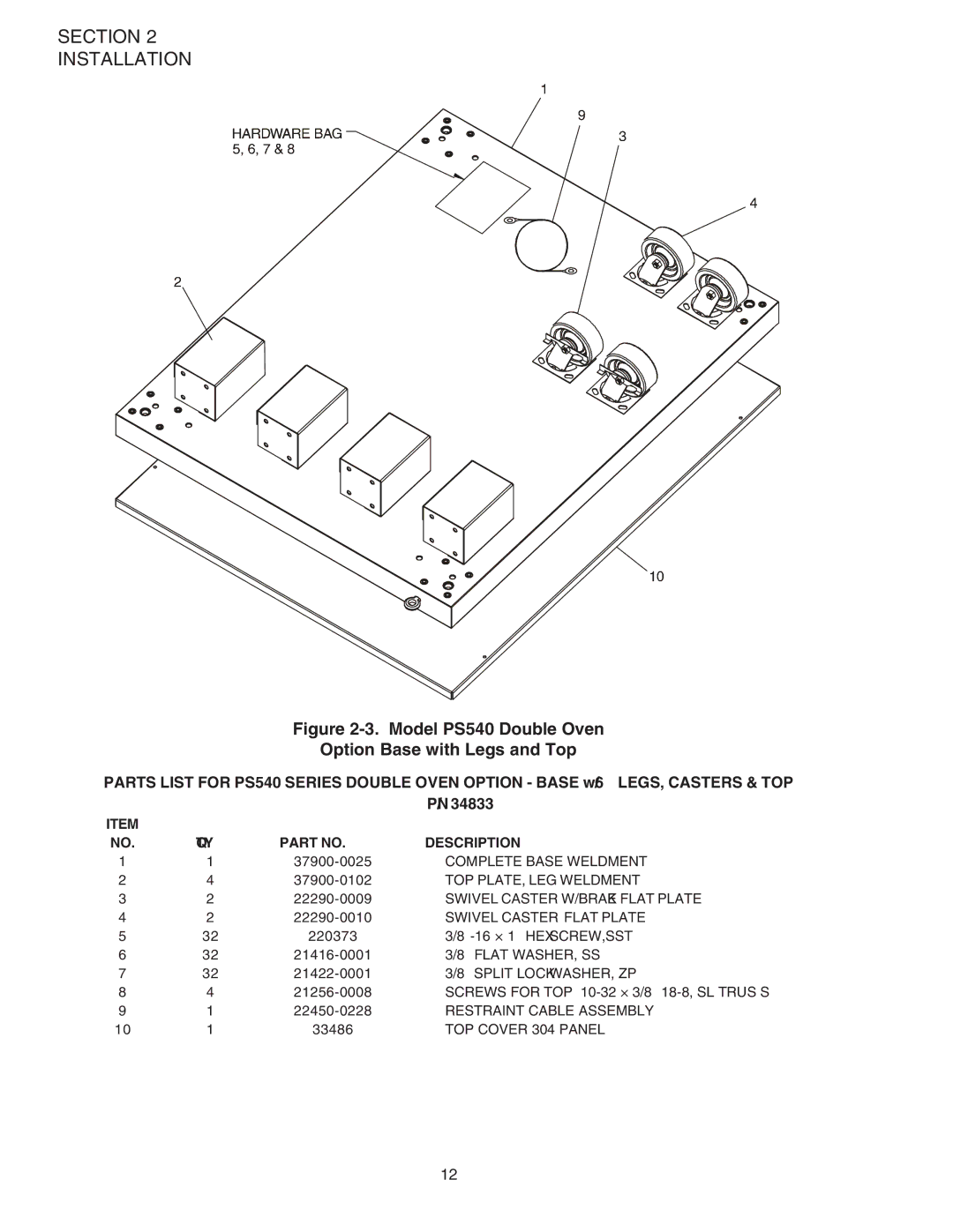 Middleby Marshall PS540G installation manual Model PS540 Double Oven Option Base with Legs and Top 