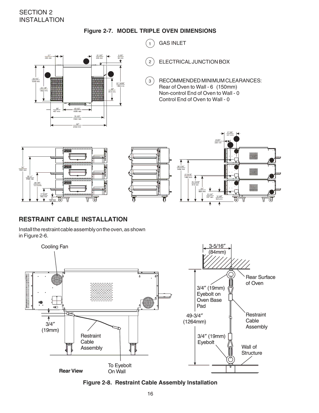 Middleby Marshall PS540G installation manual Restraint Cable Installation, Model Triple Oven Dimensions 