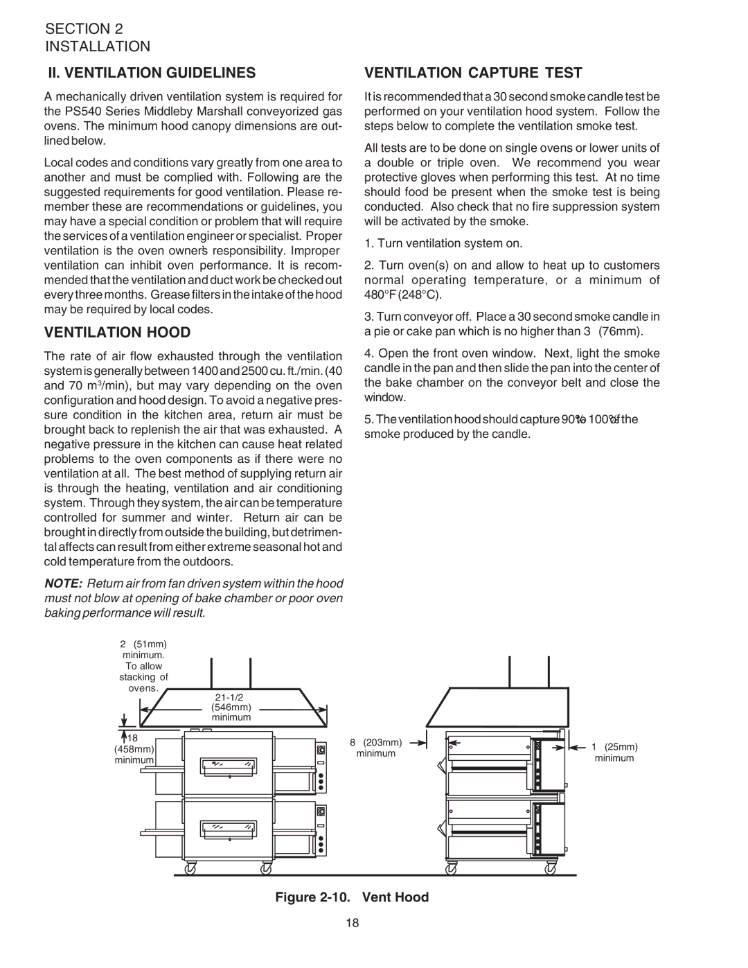 Middleby Marshall PS540G installation manual II. Ventilation Guidelines Ventilation Capture Test, Ventilation Hood 