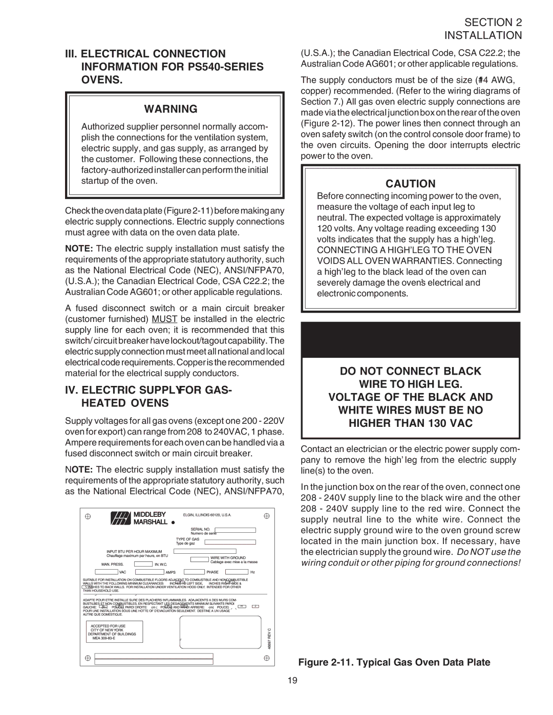 Middleby Marshall PS540G installation manual IV. Electric Supply for GAS- Heated Ovens, Typical Gas Oven Data Plate 