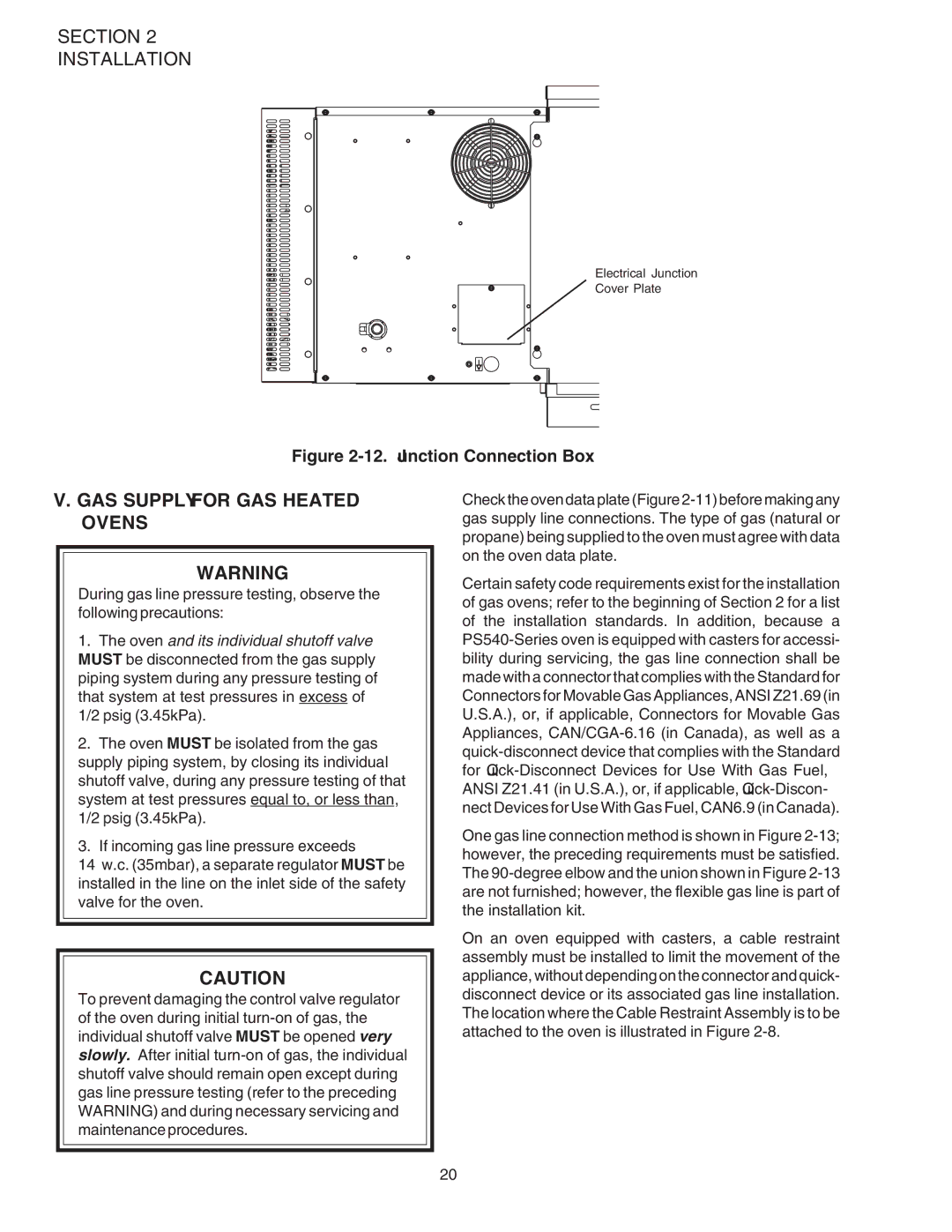 Middleby Marshall PS540G installation manual GAS Supply for GAS Heated Ovens, Junction Connection Box 