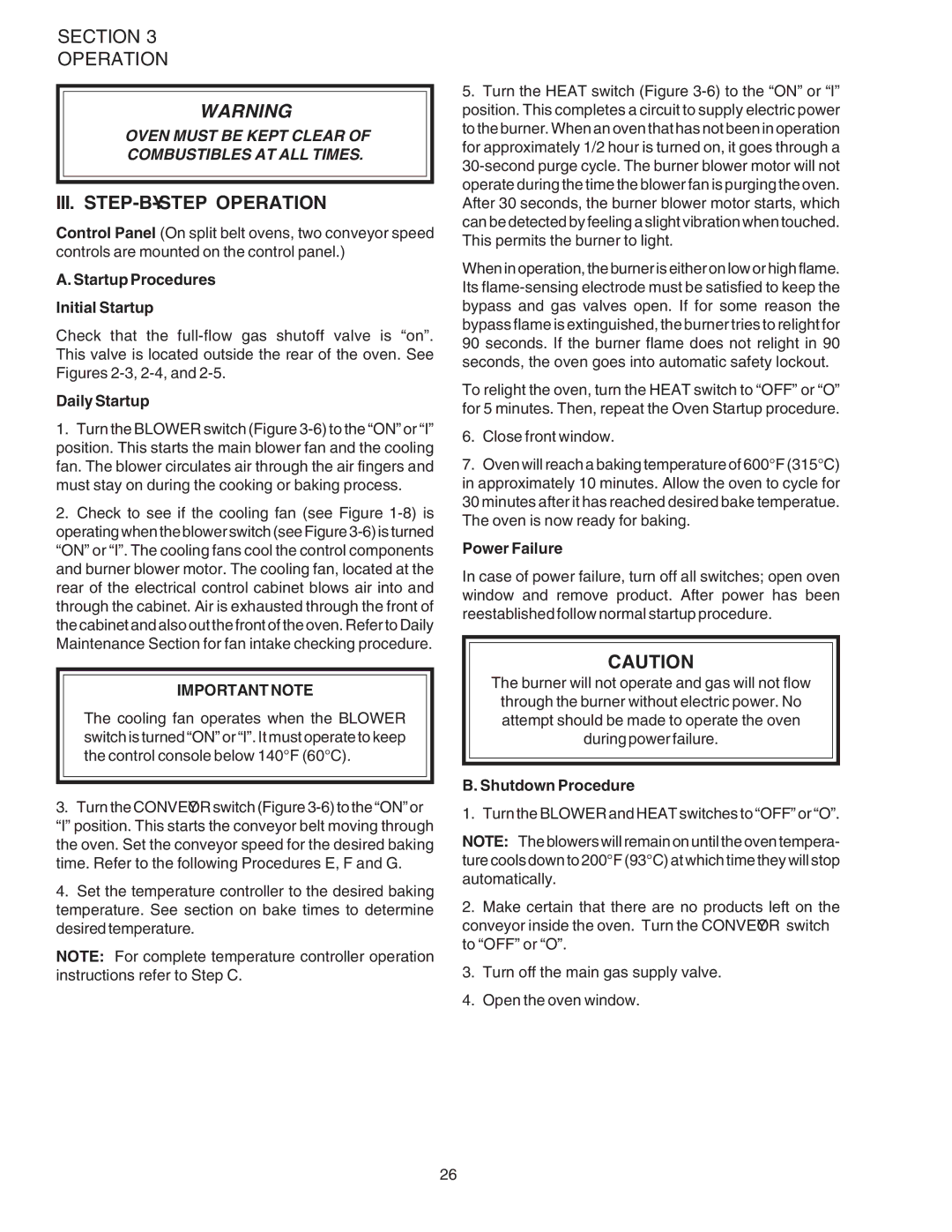 Middleby Marshall PS540G III. STEP-BY-STEP Operation, Startup Procedures Initial Startup, Daily Startup, Power Failure 