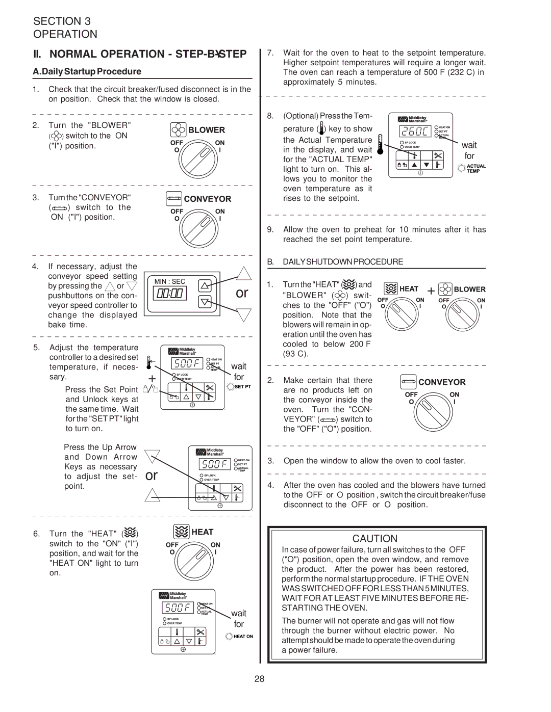 Middleby Marshall PS540G installation manual II. Normal Operation STEP-BY-STEP, Daily Startup Procedure 