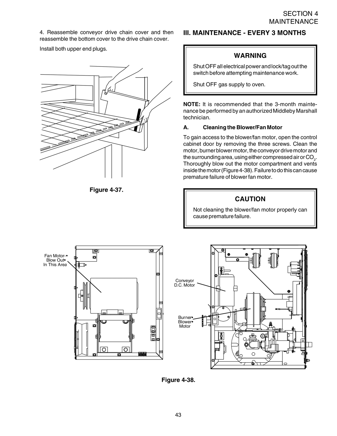 Middleby Marshall PS540G installation manual III. Maintenance Every 3 Months, Cleaning the Blower/Fan Motor 