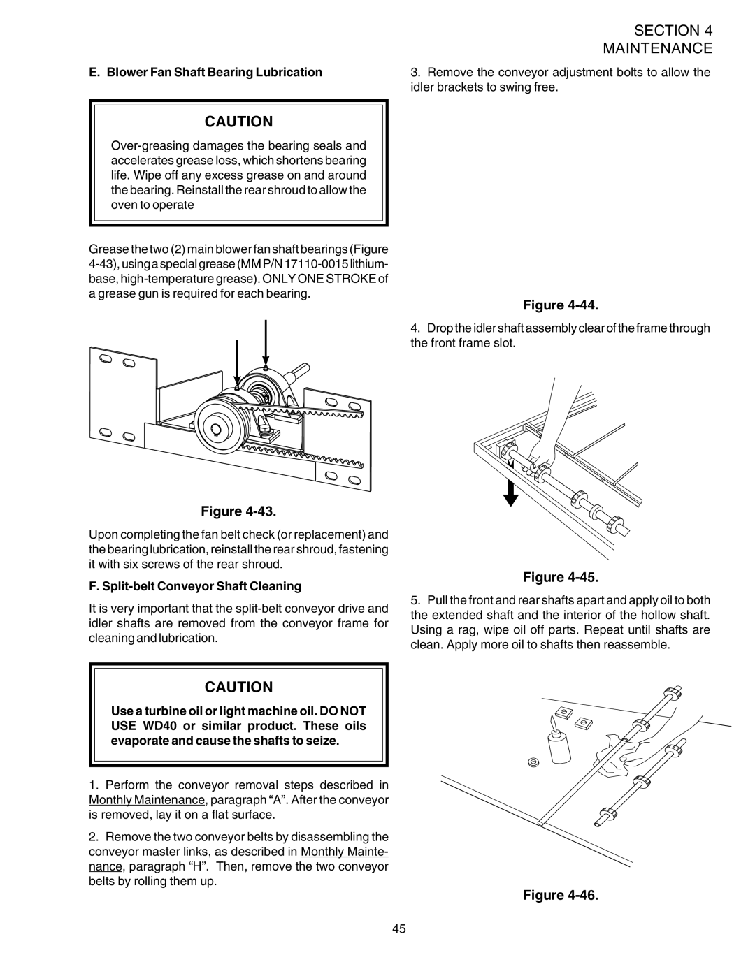 Middleby Marshall PS540G installation manual Blower Fan Shaft Bearing Lubrication, Split-belt Conveyor Shaft Cleaning 