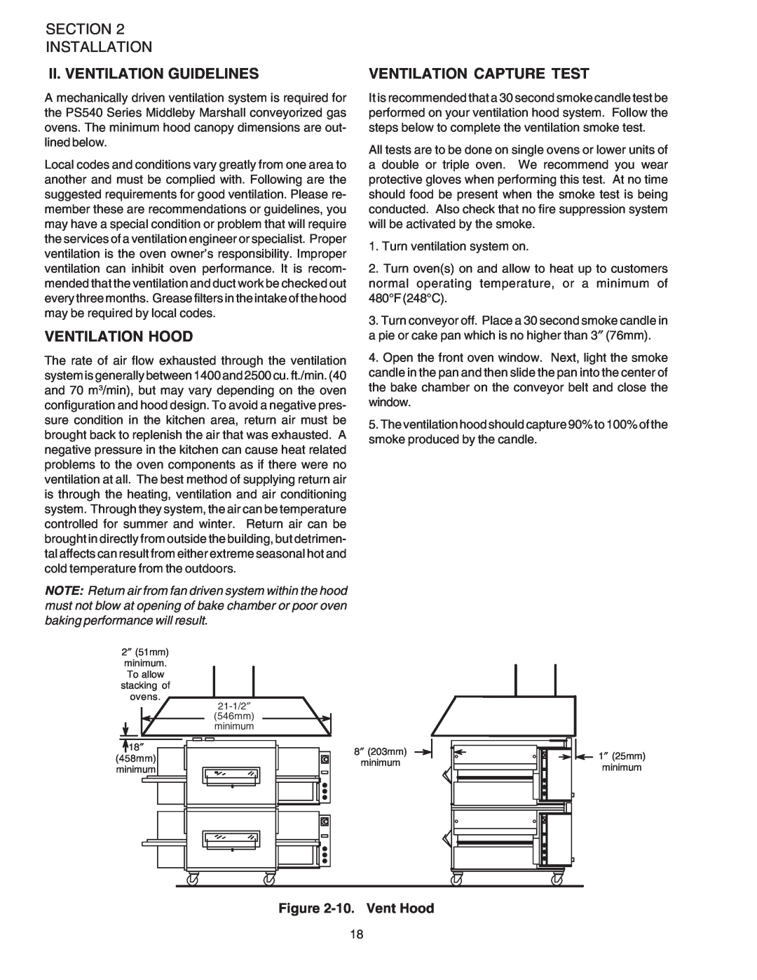 Middleby Marshall PS540G Section Installation, Ii. Ventilation Guidelines, Ventilation Capture Test, Ventilation Hood 