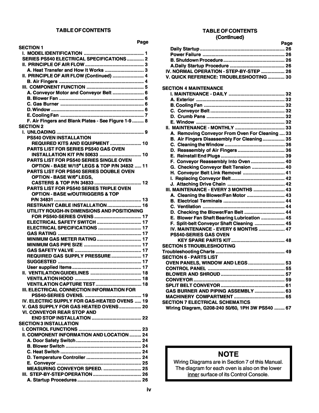 Middleby Marshall PS540G installation manual Table Of Contents, Continued 