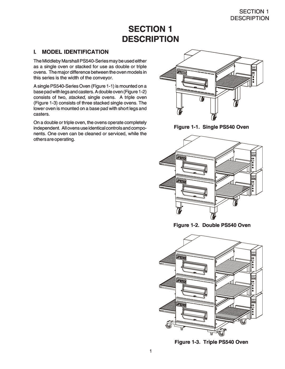 Middleby Marshall PS540G installation manual Section Description, I. Model Identification, 1. Single PS540 Oven 