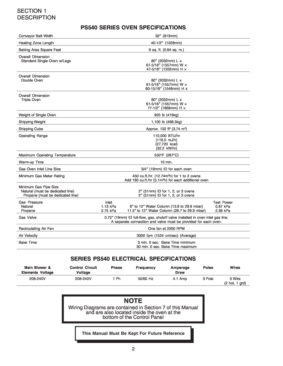 Middleby Marshall PS540G Section Description, PS540 SERIES OVEN SPECIFICATIONS, SERIES PS540 ELECTRICAL SPECIFICATIONS 