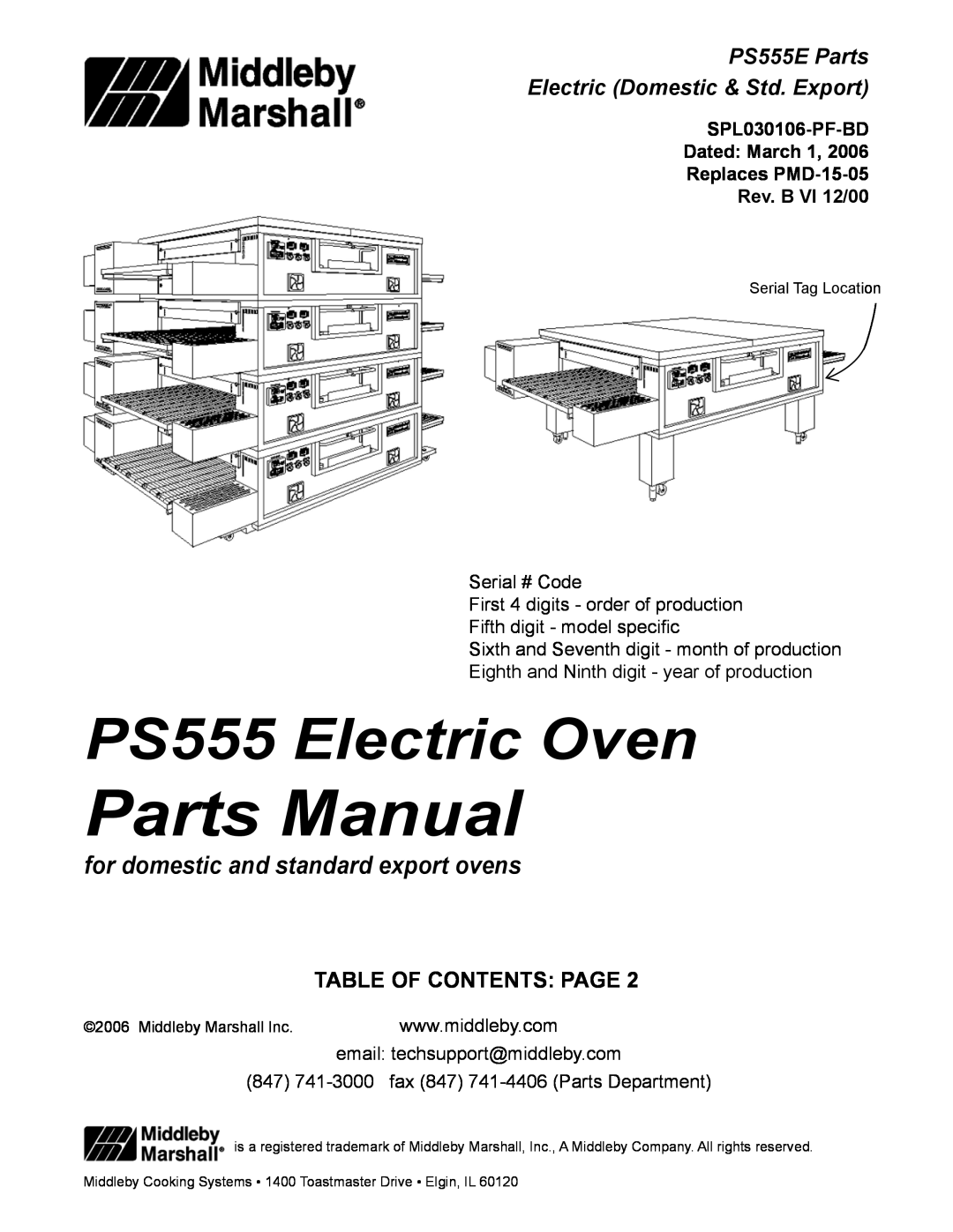 Middleby Marshall PS555 manual SPL030106-PF-BD Dated: March 1, Replaces PMD-15-05 Rev. B VI 12/00, Parts Manual 