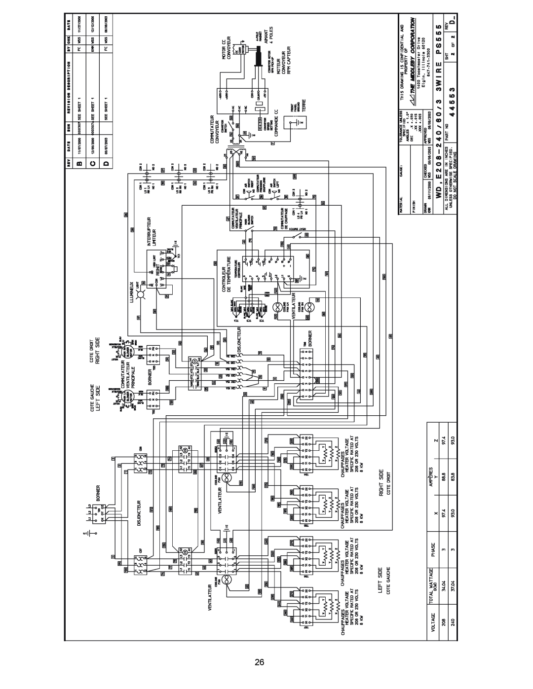 Middleby Marshall PS555 manual WIRING DIAGRAM US 208/240V 44553D 26PHASE SHEET 