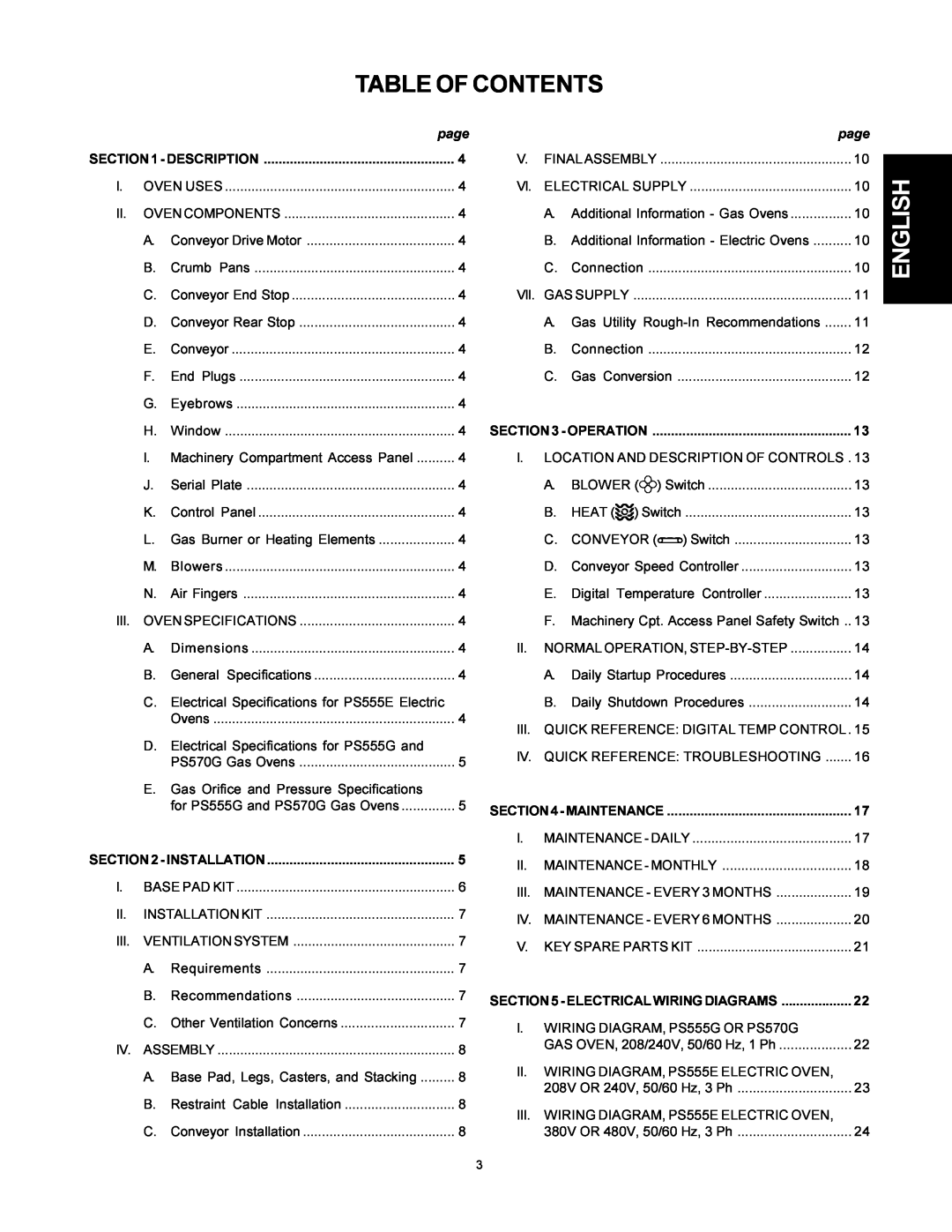 Middleby Marshall PS555G GAS installation manual Table Of Contents, English, page, Description, Maintenance, Installation 