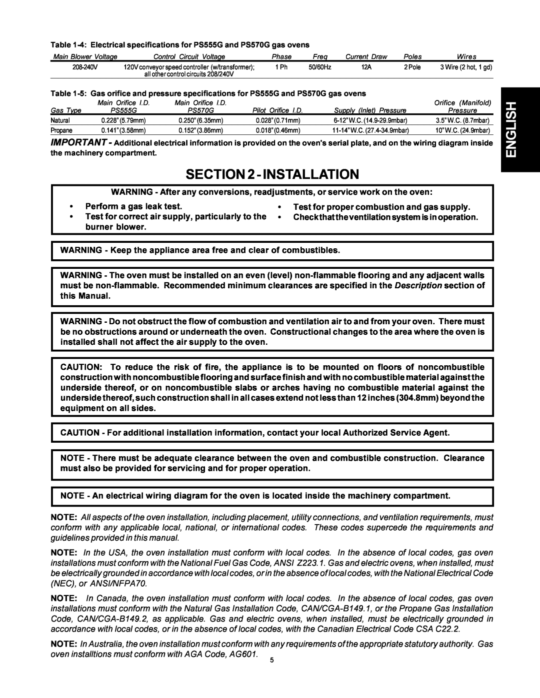 Middleby Marshall PS555G GAS installation manual Installation, English 