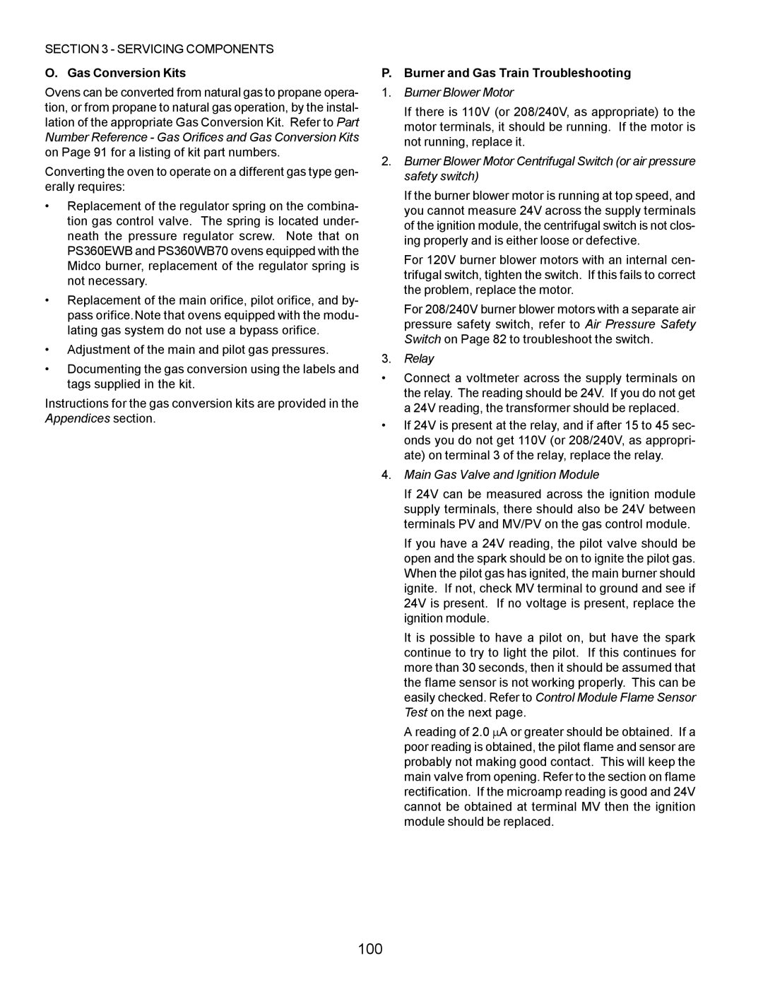 Middleby Marshall PS224 PS310, PS570, PS360, PS200, PS555 manual 100, Gas Conversion Kits, Burner and Gas Train Troubleshooting 