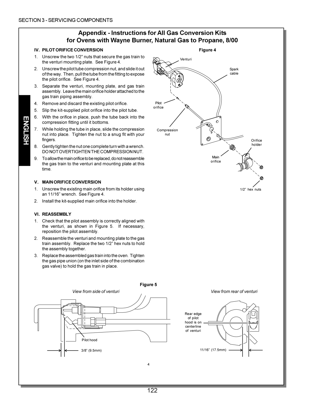 Middleby Marshall PS555, PS570, PS360, PS200, PS220, PS224 PS310 manual 122, IV. Pilot Orifice Conversion 