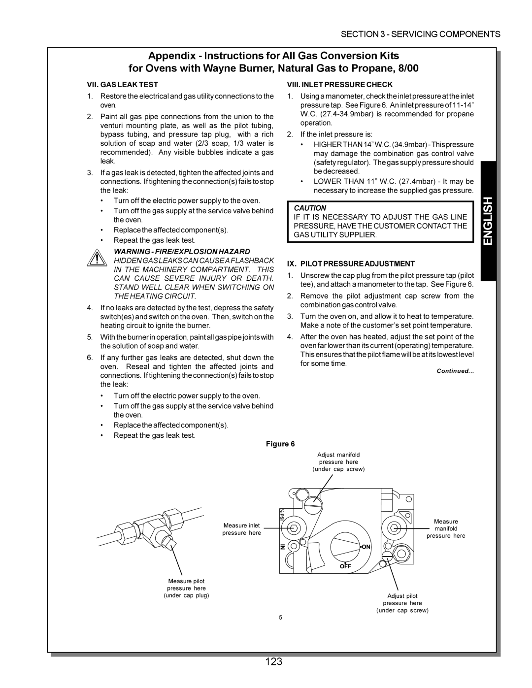 Middleby Marshall PS220, PS570, PS360, PS200, PS555, PS224 PS310 manual 123, VII. GAS Leak Test VIII. Inlet Pressure Check 