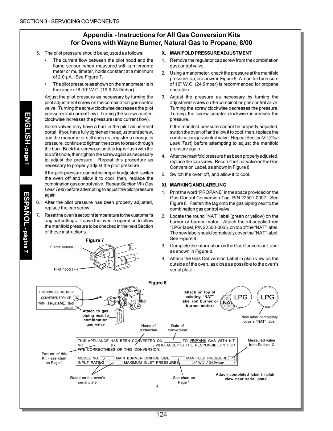 Middleby Marshall PS224 PS310, PS570, PS360, PS200, PS555, PS220 manual 124, Manifold Pressure Adjustment 