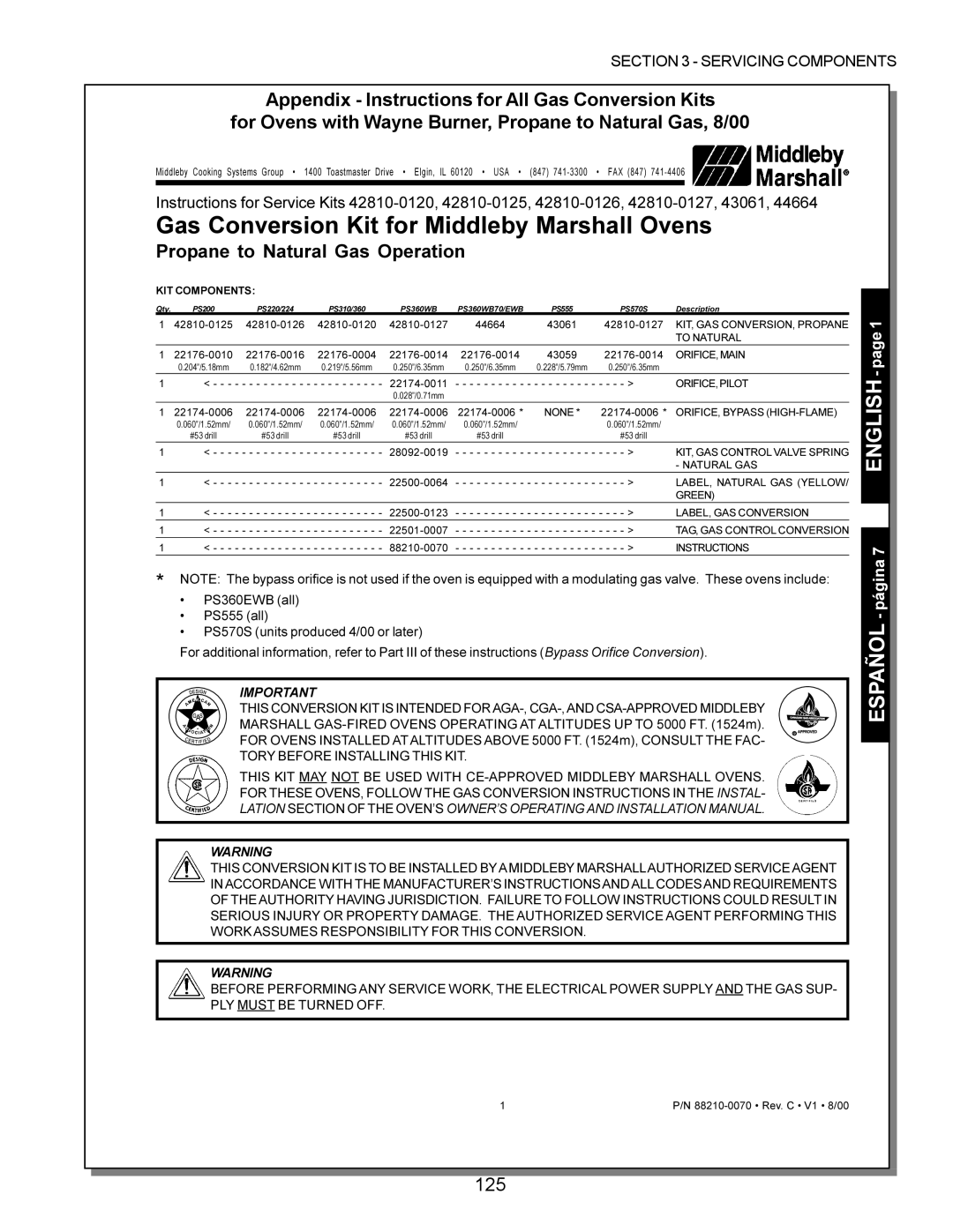 Middleby Marshall PS570, PS360, PS200, PS555, PS220 manual 125, For Ovens with Wayne Burner, Propane to Natural Gas, 8/00 