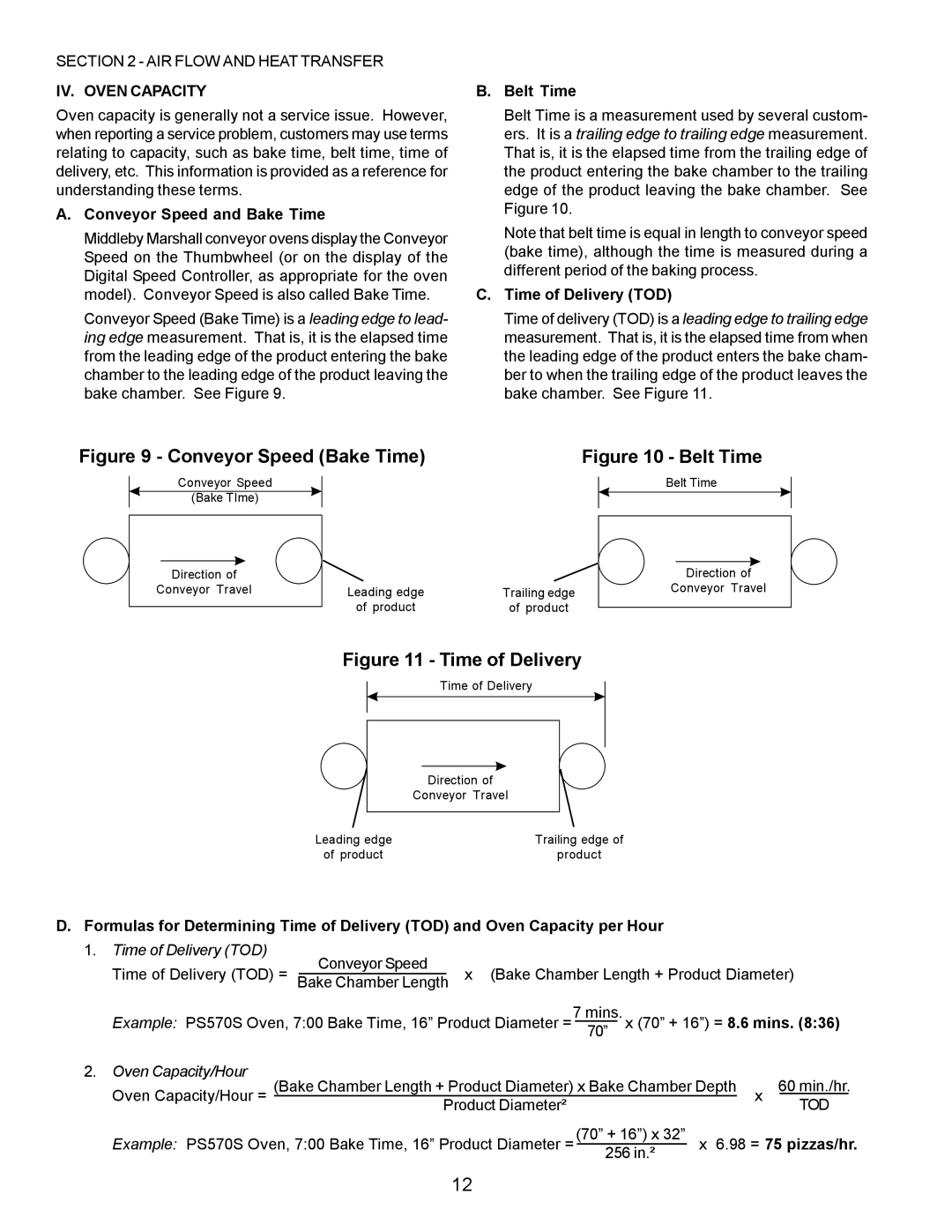 Middleby Marshall PS360, PS570, PS200 manual IV. Oven Capacity, Conveyor Speed and Bake Time, Belt Time, Time of Delivery TOD 