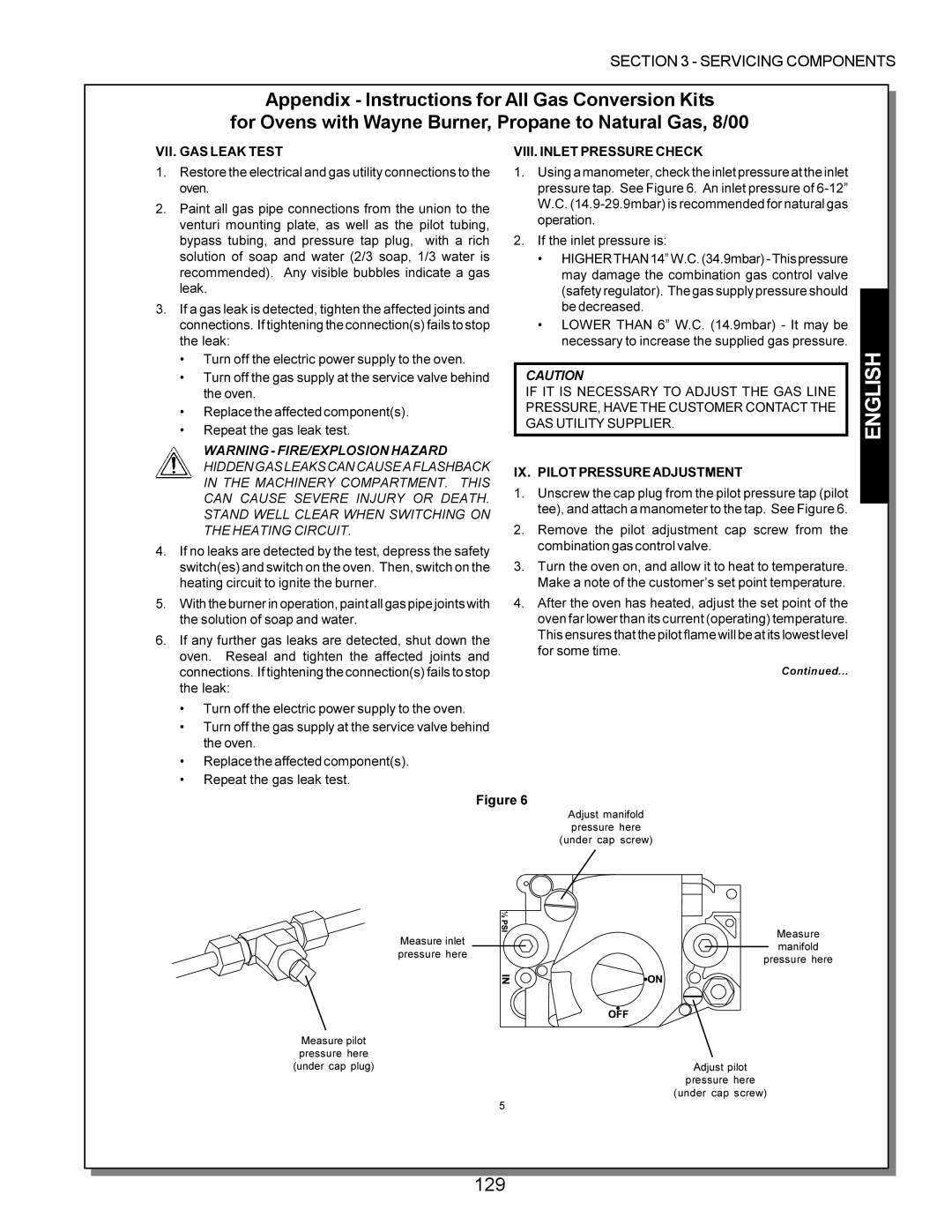 Middleby Marshall PS220, PS570, PS360, PS200, PS555, PS224 PS310 manual 129, IX. Pilot Pressure Adjustment 