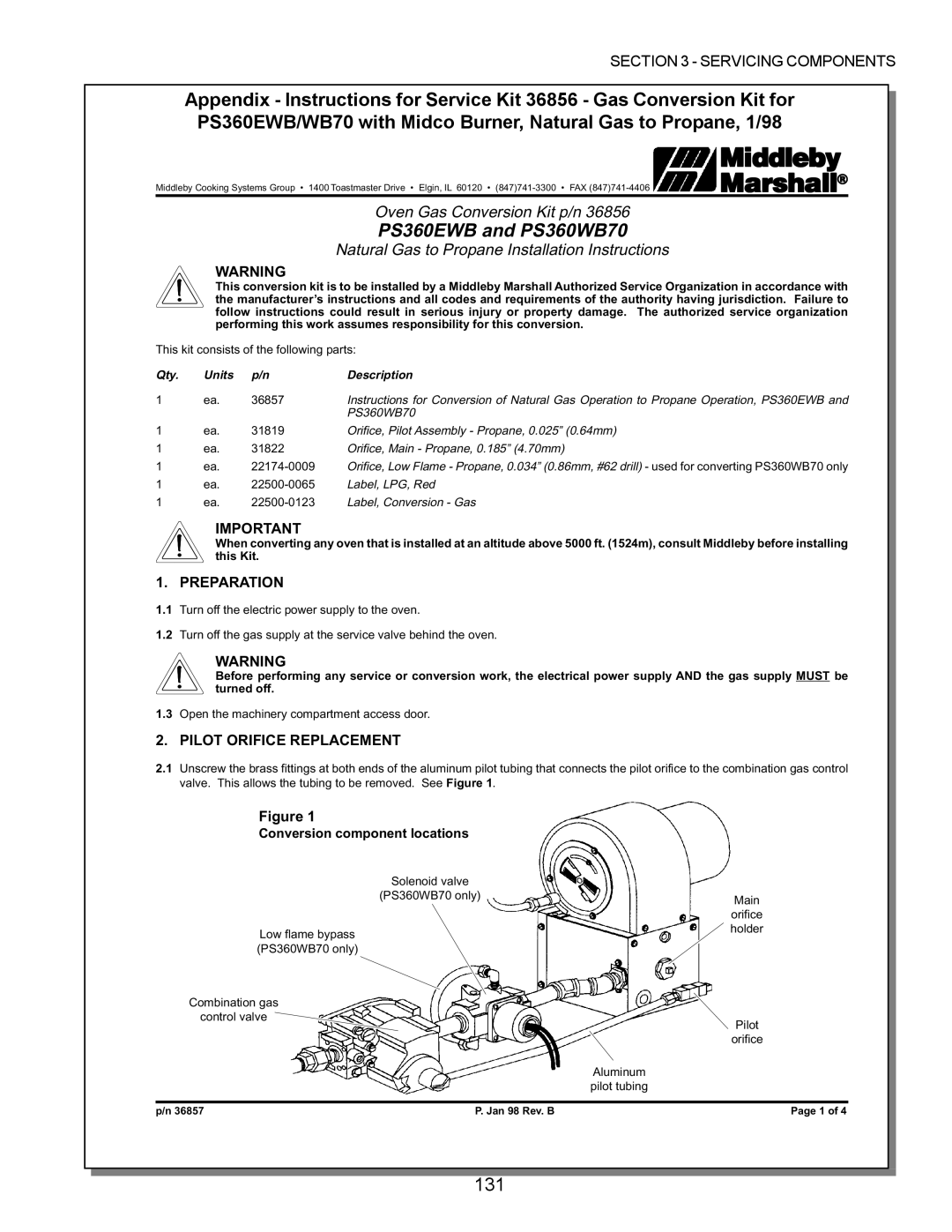 Middleby Marshall PS570, PS360, PS200, PS555, PS220, PS224 PS310 manual 131, Preparation, Pilot Orifice Replacement 