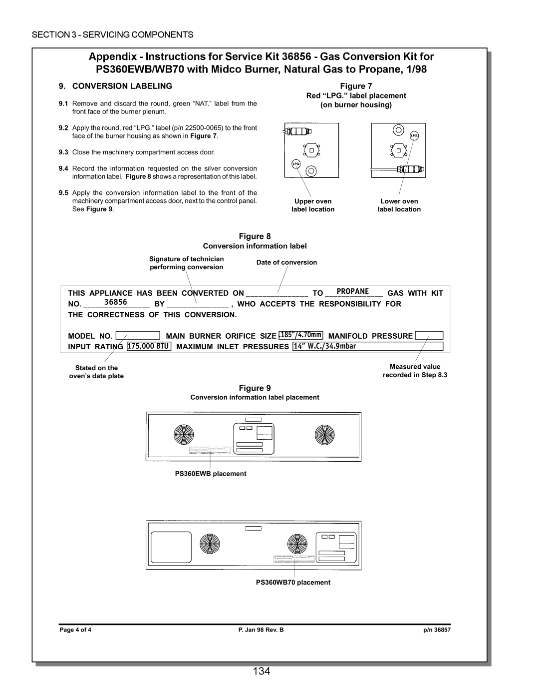 Middleby Marshall PS555, PS570, PS360, PS200, PS220, PS224 PS310 manual 134, Conversion Labeling, Propane, 36856 