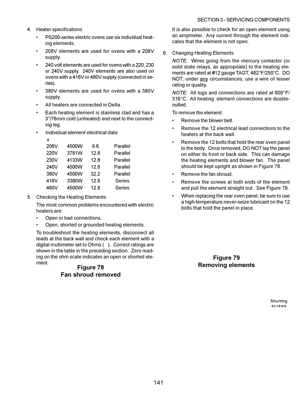 Middleby Marshall PS220, PS570, PS360, PS200, PS555, PS224 PS310 Removing elements, 141, Individual element electrical data 