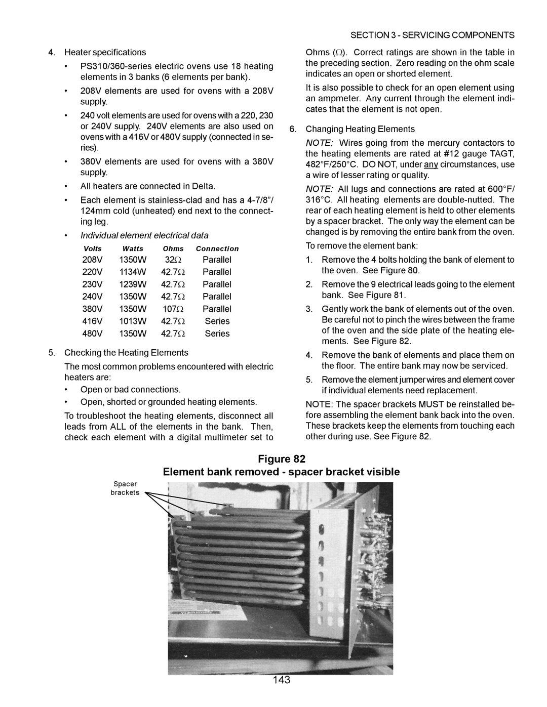 Middleby Marshall PS570, PS360, PS200, PS555, PS220, PS224 PS310 manual Element bank removed spacer bracket visible, 143 