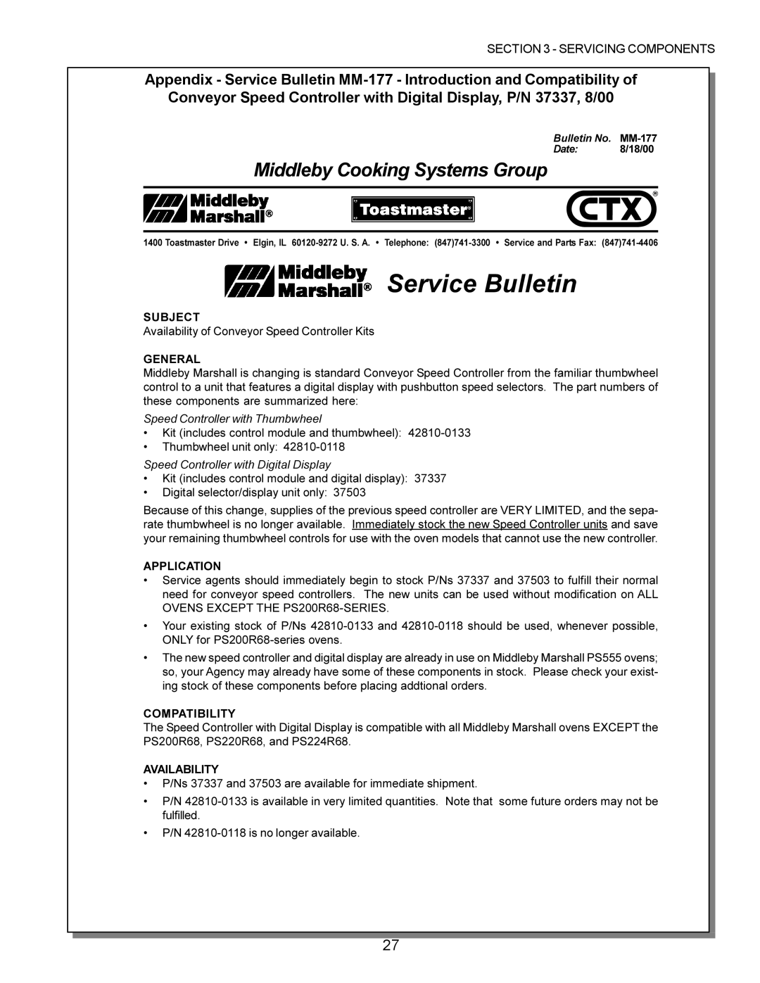 Middleby Marshall PS220, PS570, PS360, PS200, PS555, PS224 PS310 Subject, General, Application, Compatibility, Availability 